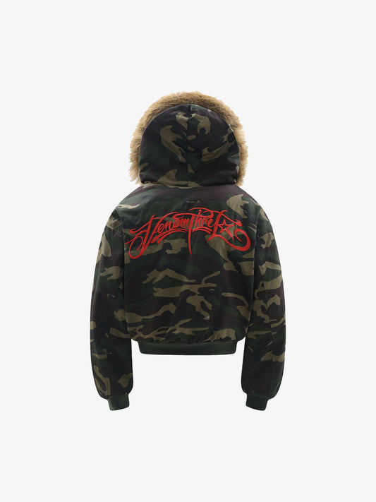 Embroidered Detachable Fur Hooded Jacket 