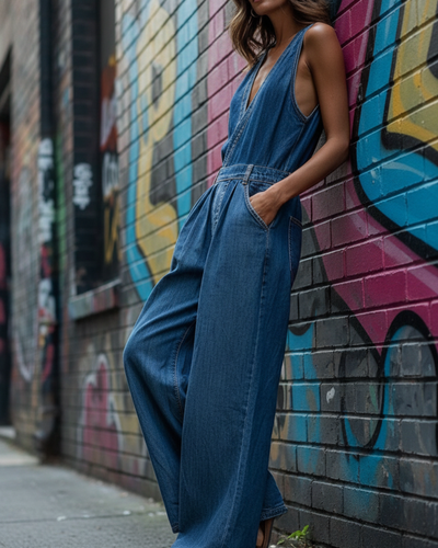 Retro Loose Denim Jumpsuit with Elastic Waist